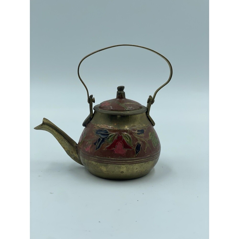 Vintage Miniature Brass Cloisonné Teapot Enameled Floral Design Swing Handle